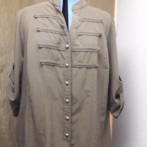Military Style Mandarin Collar Blouse Olive Green 3/4 Sleeve